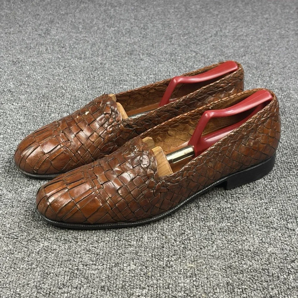 Moreschi Woven Leather Loafers Mens 10 Brown Handmade Italy Basket Weave Slip On